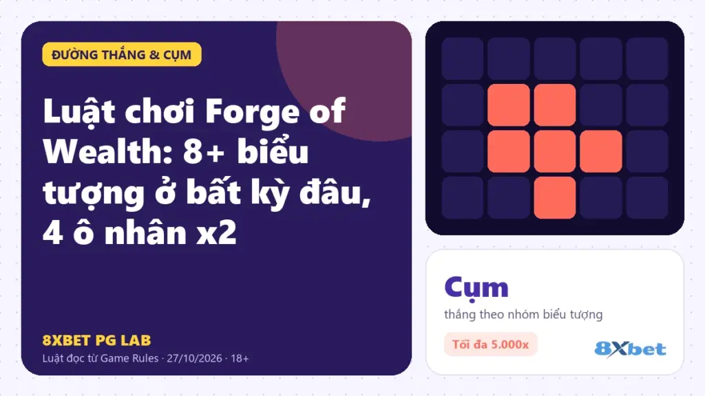 Luật chơi Forge of Wealth trên thẻ PG Lab màu tím, sơ đồ lưới với 4 ô hệ số ở cột 2 và cột 5
