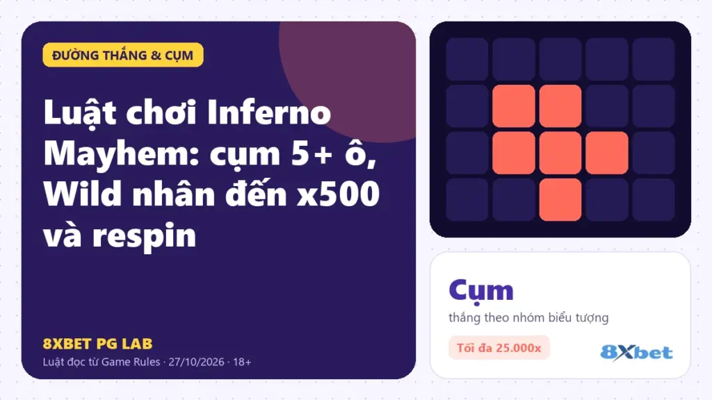 Luật chơi Inferno Mayhem trên thẻ PG Lab màu tím, sơ đồ lưới 5x5 với một cụm biểu tượng và hai Wild mang hệ số