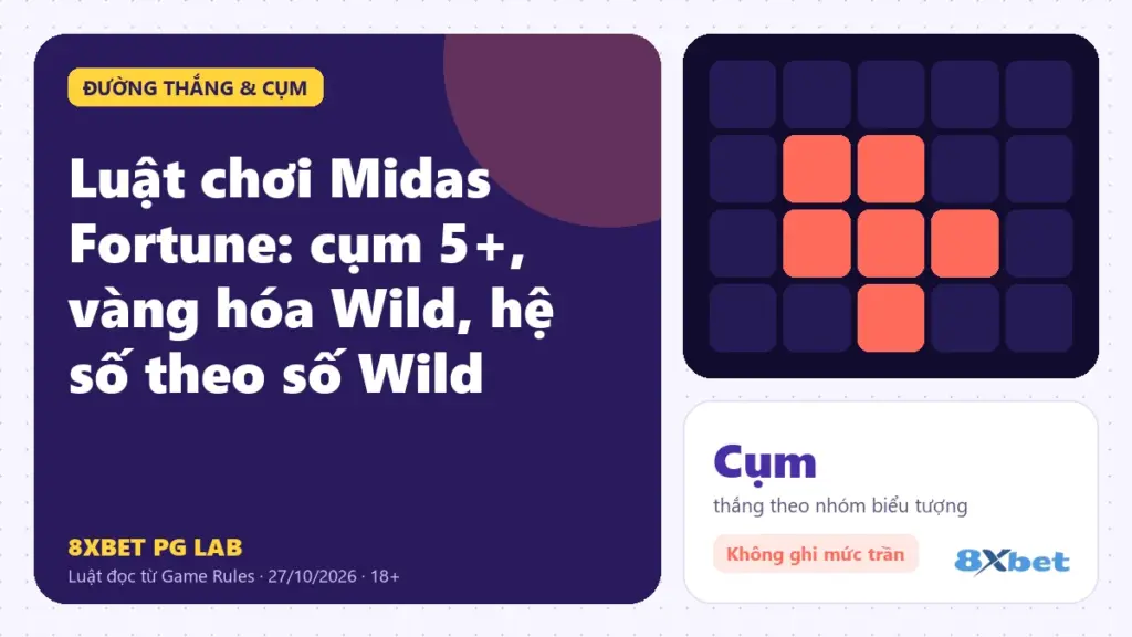 Luật chơi Midas Fortune trên thẻ PG Lab màu tím, sơ đồ cụm biểu tượng vàng hóa Wild và bộ đếm hệ số trên cuộn