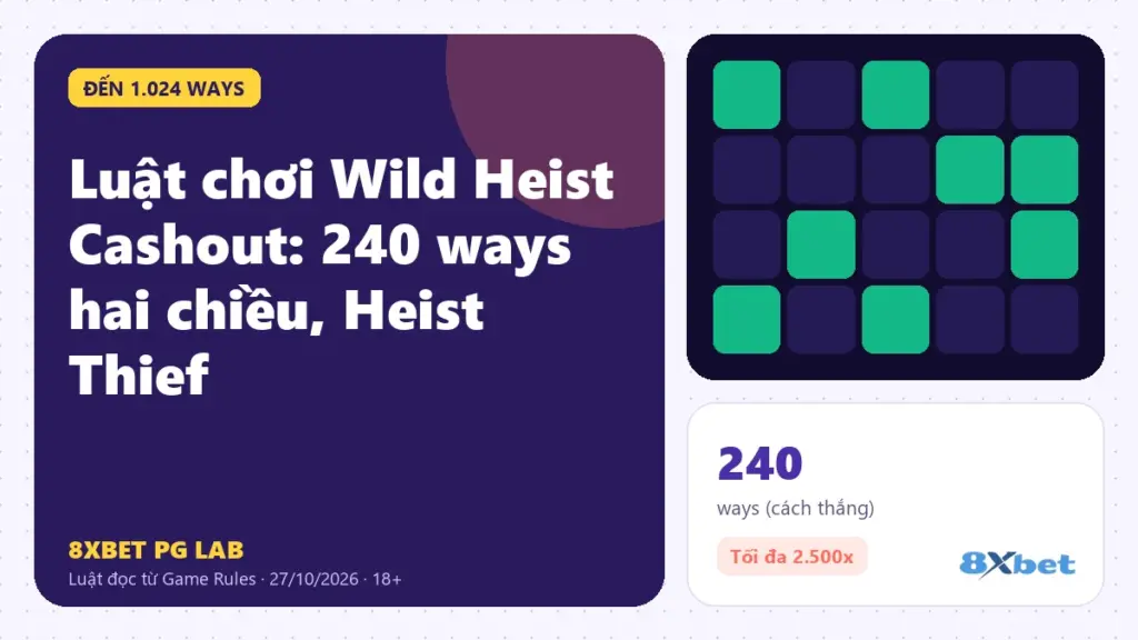 Luật chơi Wild Heist Cashout trên thẻ PG Lab màu tím, sơ đồ hai bộ cuộn bậc thang đọc ngược chiều, Heist Thief và Vault